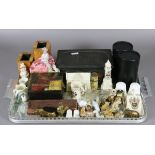 A tray of collectables including Wade Whimsies, crested china and thimbles, etc.