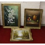 Three gilt framed oils on canvas, two still life and a river landscape.