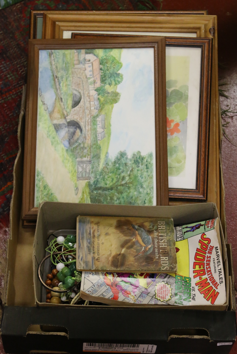 A box of miscellaneous to include costume jewellery, book on British birds, Spiderman comic,