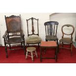A Victorian panel backed arm chair, kitchen chair with pierced splat,