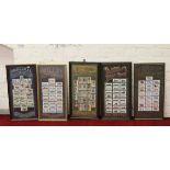 Five framed sets of cigarette cards to include Wills Taddy & Co.