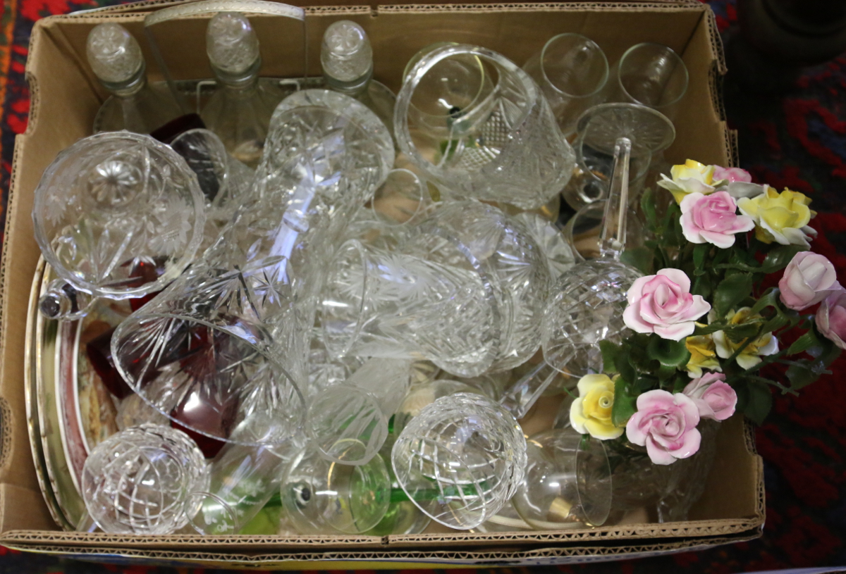 A box of glasswares to include cut glass vases, decorative items, wine glasses etc.