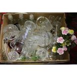 A box of glasswares to include cut glass vases, decorative items, wine glasses etc.