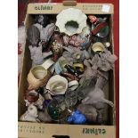A box of miscellaneous to include Toby jugs, decorative elephant ornaments, glasswares,