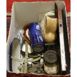 A box of miscellaneous metalwares and ceramics to include kitchen weighing scales and weights,
