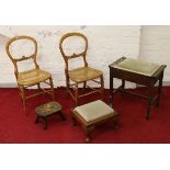 A pair of Victorian balloon back bergere seat bedroom chairs, a piano stool and two other stools.