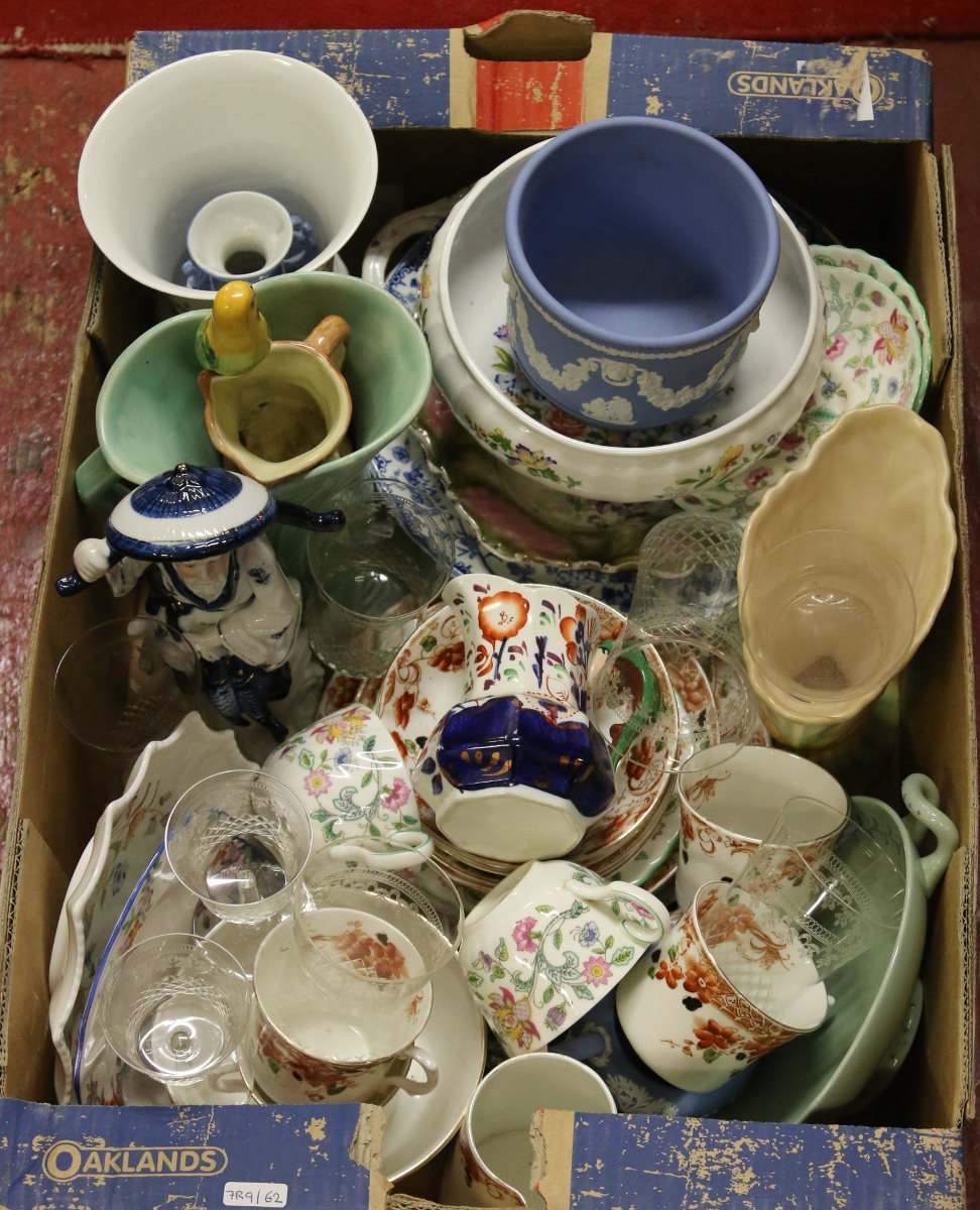 A box of collectable china and glass to include an Edwardian part tea service along with Wedgwood