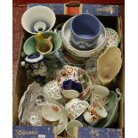 A box of collectable china and glass to include an Edwardian part tea service along with Wedgwood