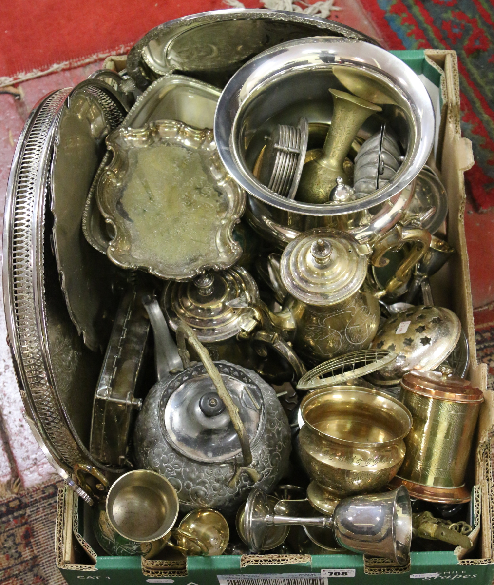 A box of mixed metalwares to include silver plate items, brass and copper.