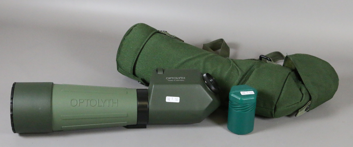 A German 80mm optolyth spotting scope with eye piece and canvas case.