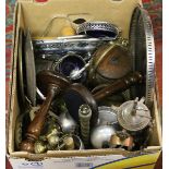 A box of mainly metalwares, silver plate, oak biscuit barrel, candlesticks, companion set etc.