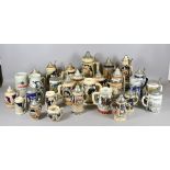 A collection pottery steins to include pewter covered and musical examples.