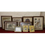 A collection of framed pictures some printed on canvas and papyrus along with a horrological