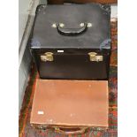 A hat box and a small suitcase with contents of various metalwares to include collectors spoons etc.