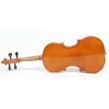 A cased German violin and two bows with one piece back, 35.5cm.