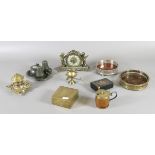 A collection of metalwares to include a pewter cruet set,