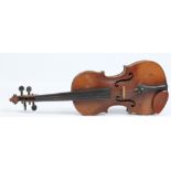 A cased German violin and bow with two piece back branded Pindar, 36cm. Condition Report. To be used