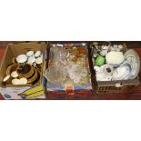 Three boxes of miscellaneous to include Hornsea dinnerwares, cut glass, oriental teaset,