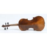 A cased German 3/4 violin and bow with two piece back, no label. 33.5cm. Condition Report. To be