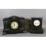 A Victorian slate mantel clock along with a Victorian painted cased mantel clock (AF).