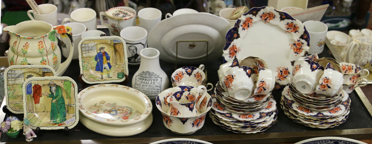 A Victorian china teaset, three Alfred Meakin Dickens ware plates,