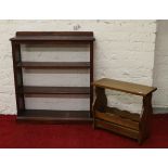 An oak magazine rack and pine open bookcase.