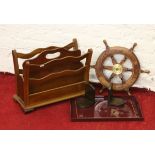 A mahogany magazine rack, ships wheel, oak book end and a tray.