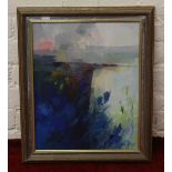 Tom Wanless oil on board, impressionist view from cliff tops.