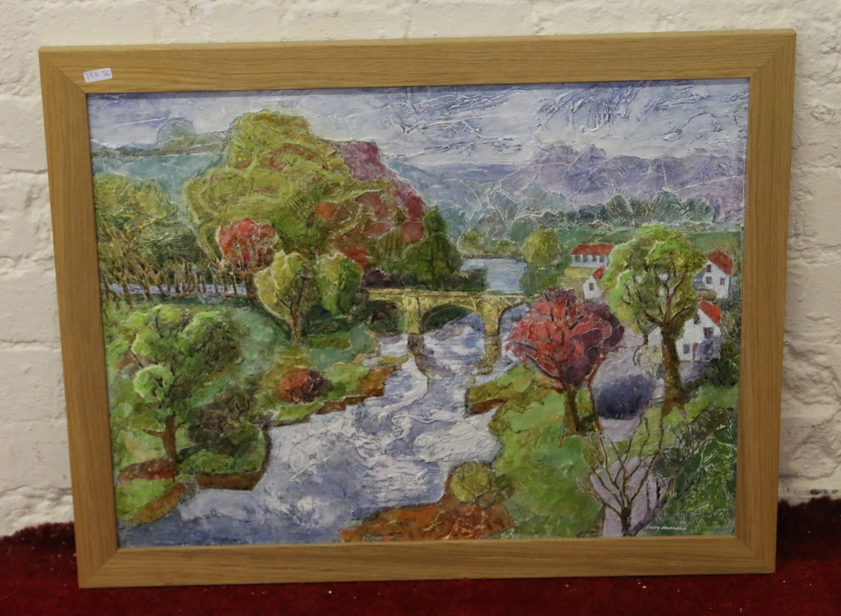 Davy Moakes oak framed mixed media depicting R. Swale at Richmond.