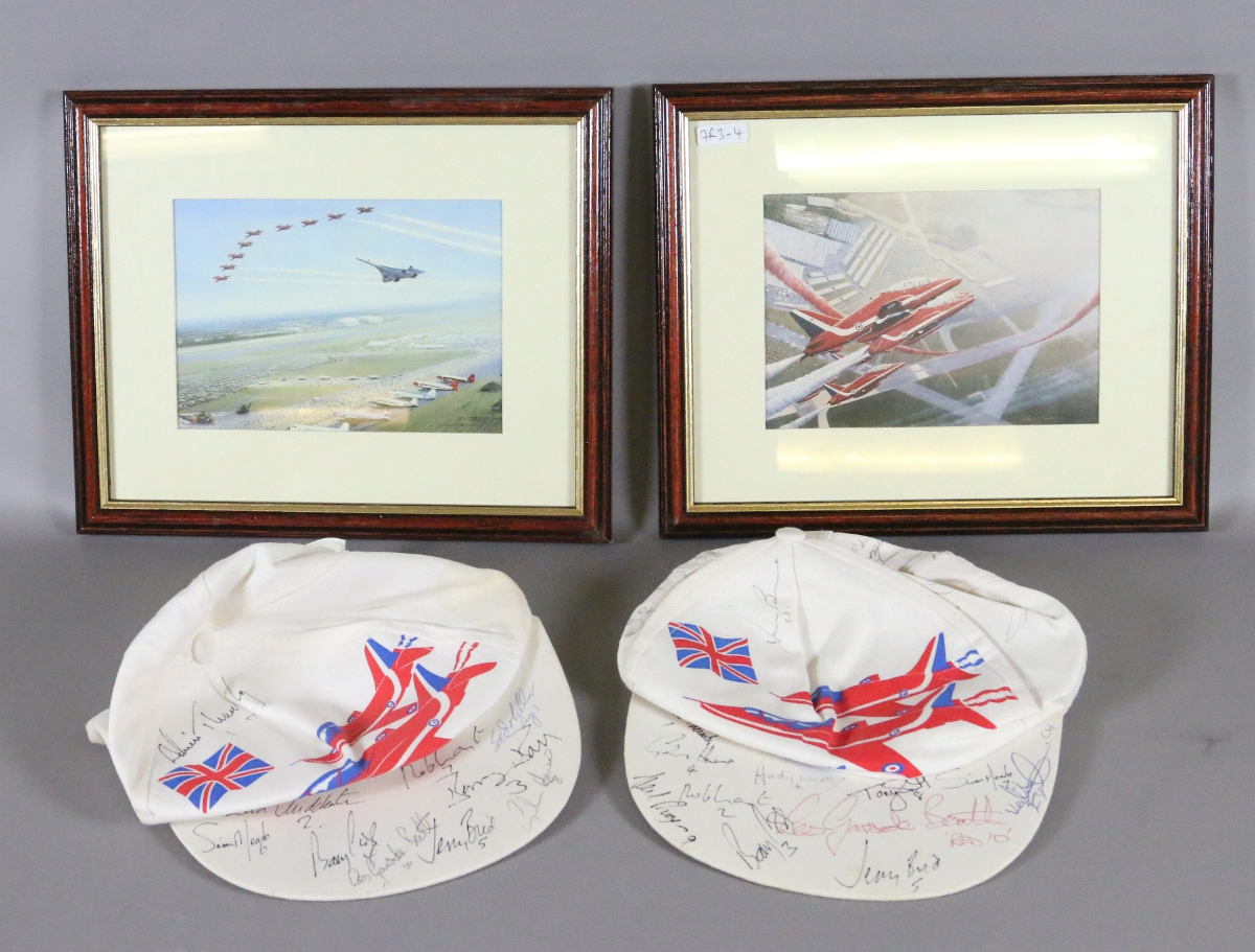 A collection of Red Arrows memorabilia to include two autographed hats.