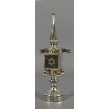 A Judical Sterling silver spice tower adorned with bells and flags.