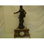 Continental Art Nouveau Mantle Clock of Green Marble & Ormolu Supporting Bronze Figure of Girl