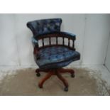 Deep Button Blue Leather Captain Office Swivel Chair on Mahogany Base