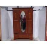 Edwardian Mahogany & Satinwood Inlay Wardrobe with Oval Central Mirror Door