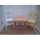 Painted Edwardian Kitchen Chair & One Other & Pine Occasional Table