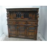 Oak Tudor Style Court Cupboard with Lead Light Glass Doors Cabinet Above Carved Doors