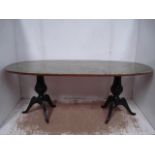 Ebonised Twin Pillar Tripod Dining Table with Oval Marbled Glass Top