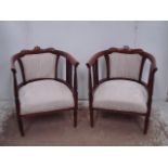 Pair of Edwardian Mahogany & Satinwood Inlay Upholstered Tub Chairs