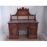 Late Victorian Mahogany Twin Pedestal Wash Stand with Grey Marble Top with Tile Back