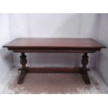 Oak Tudor Style Refectory 6ft Dining Table on Carved Pillar Base with Stretcher
