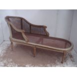 19th Century French Louis Gilt & Grey Decorated Chaise Longue with Cane Work Panels & Silk Covered