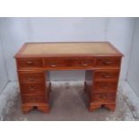 Yew Wood Twin Pedestal Desk with Tan Coloured Leather Inset Top