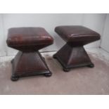 Pair of Worked Leather Upholstered Square Top Hour Glass Stools