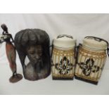 Carved African Hardwood Head Plus Figure & Pair of Oriental Containers