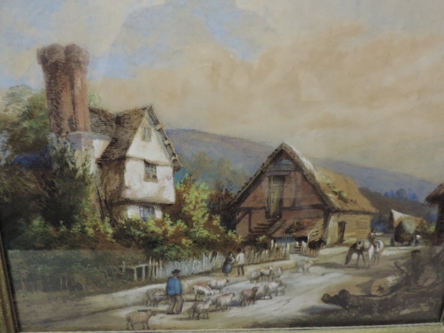 Victorian Pugin Style Oak Framed & Glazed Droving Sheep Cottage Scene Water Colour Signed E Hay - Image 2 of 3