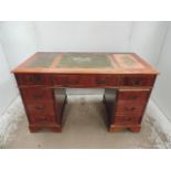 Reproduction Yew Wood Twin Pedestal Desk with Green Worked Leather Top