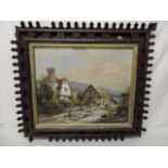 Victorian Pugin Style Oak Framed & Glazed Droving Sheep Cottage Scene Water Colour Signed E Hay