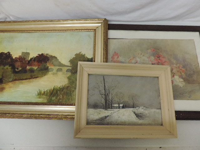 Gilt Framed Oil River Scene + Snow Scene & Still Life Watercolour Signed & Dated 1911