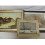 Gilt Framed Oil River Scene + Snow Scene & Still Life Watercolour Signed & Dated 1911