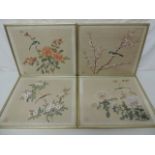 Set of Four Framed & Glazed Oriental Watercolours on Silk of Birds & Peonies